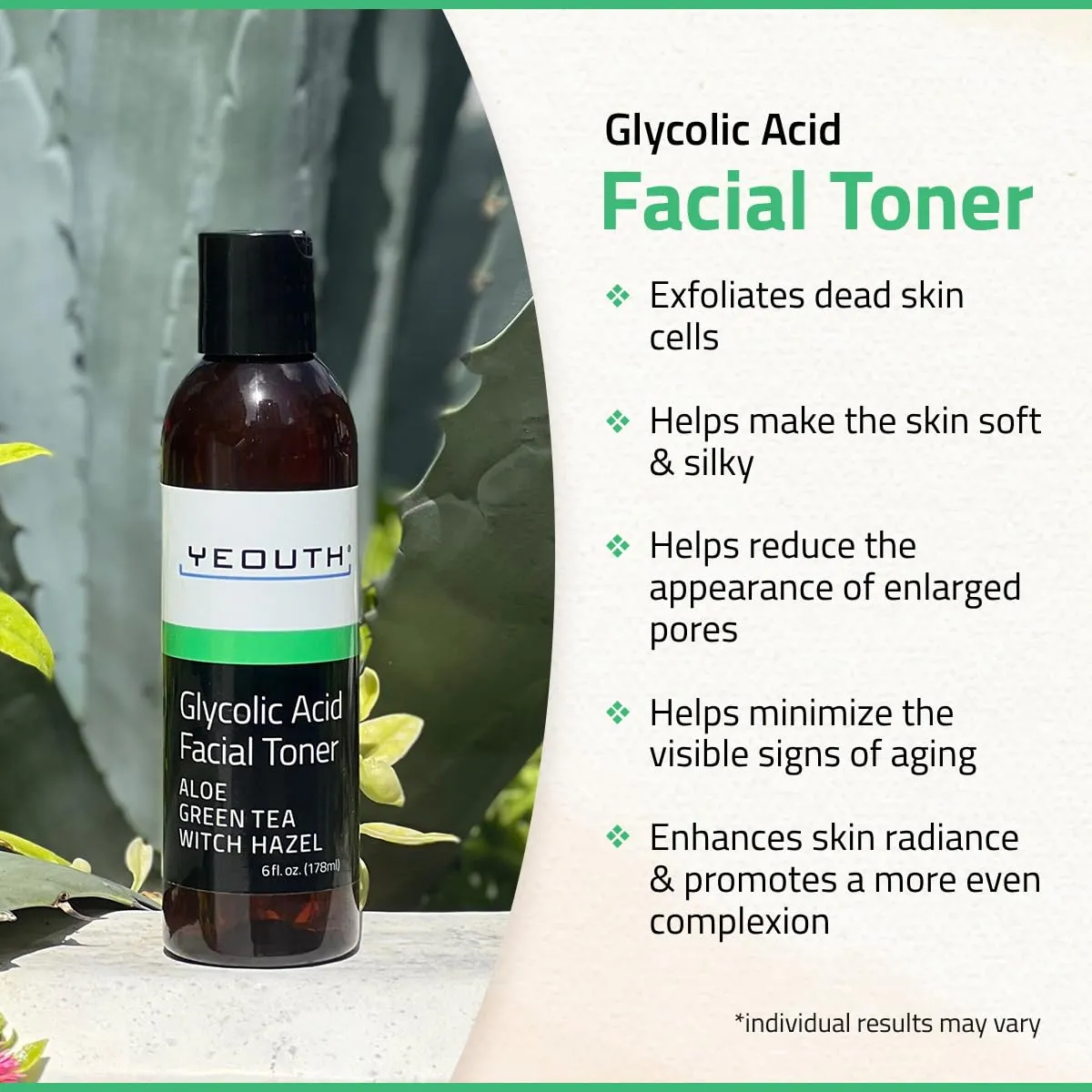 YEOUTH Glycolic Acid Toner for Face 8% with Witch Hazel, Hydrating Face Toner for Women and Men, Gentle AHA Exfoliant for Smoother-Looking Skin 6oz
