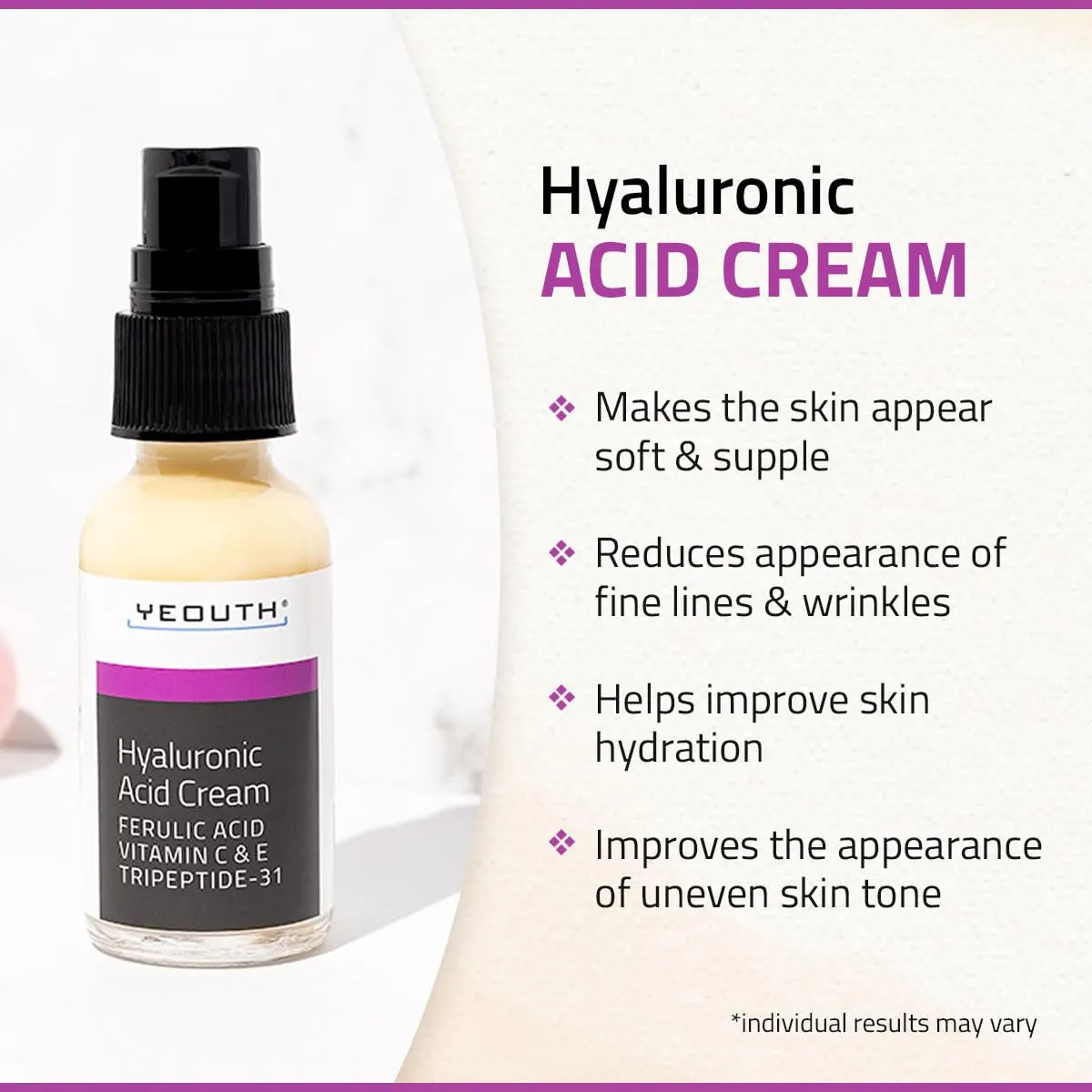 YEOUTH Hyaluronic Acid Moisturizer Face Cream with Vitamin C & E, Ferulic Acid & Tripeptide 31, Hydrating Face Moisturizer, Hyaluronic Acid Cream Suitable for Dry & Dull Skin 1oz