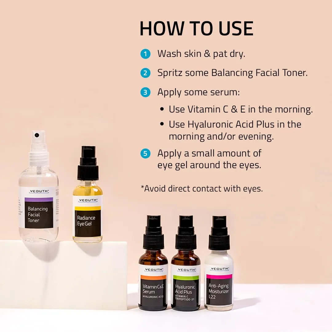 YEOUTH Skin Care Set: Hyaluronic Acid Serum for Face, Vitamin C Serum, Facial Toner, Under Eye Gel, Face Cream, Skincare Gift Set for Women & Men 5-Piece