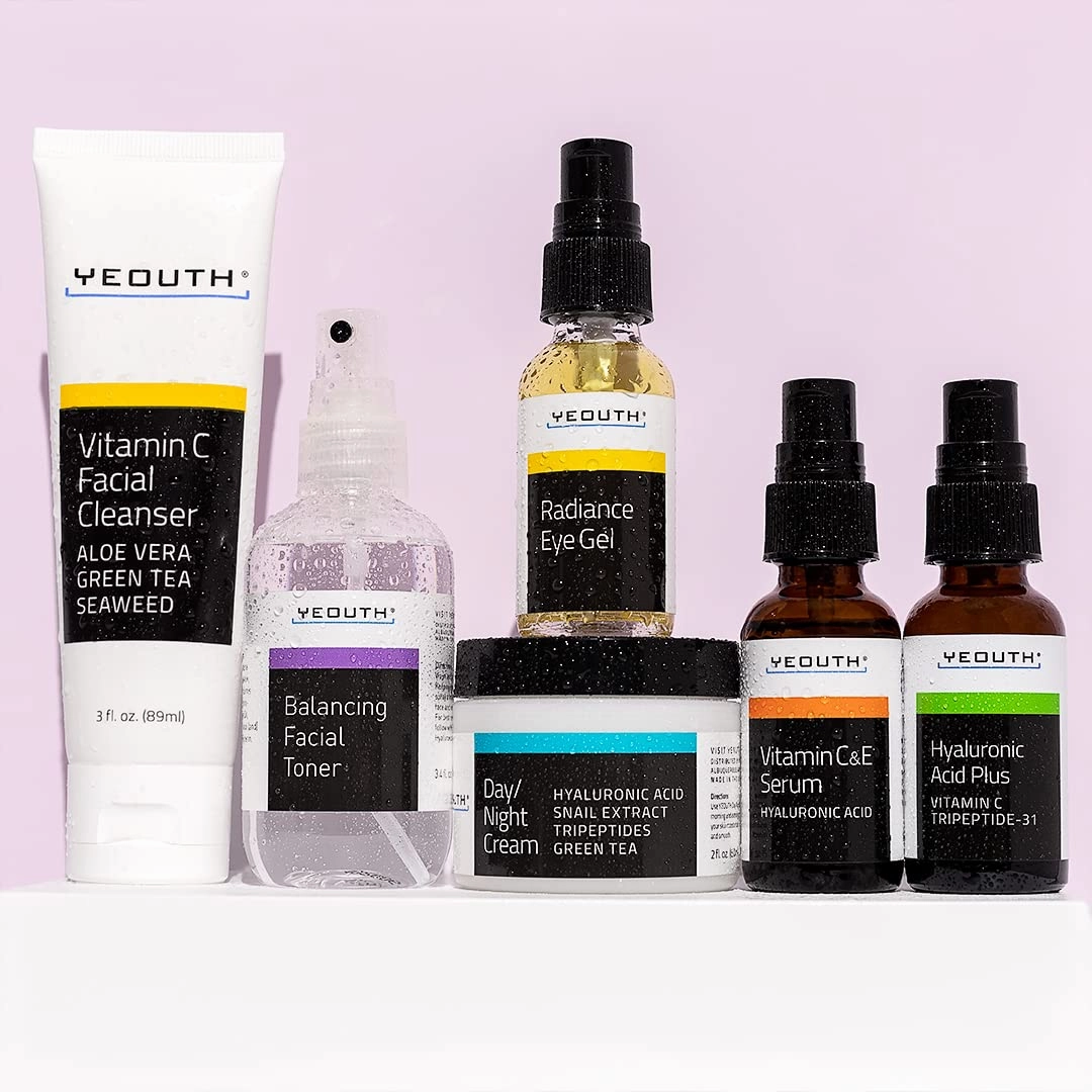 YEOUTH Skin Care Set: Hyaluronic Acid Serum, Vitamin C Serum, Face Cleanser, Toner, Under Eye Gel, Face Cream, 6-Piece Self Care Gifts For Women & Men