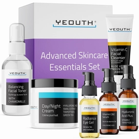 YEOUTH Skin Care Set: Hyaluronic Acid Serum, Vitamin C Serum, Face Cleanser, Toner, Under Eye Gel, Face Cream, 6-Piece Self Care Gifts For Women & Men