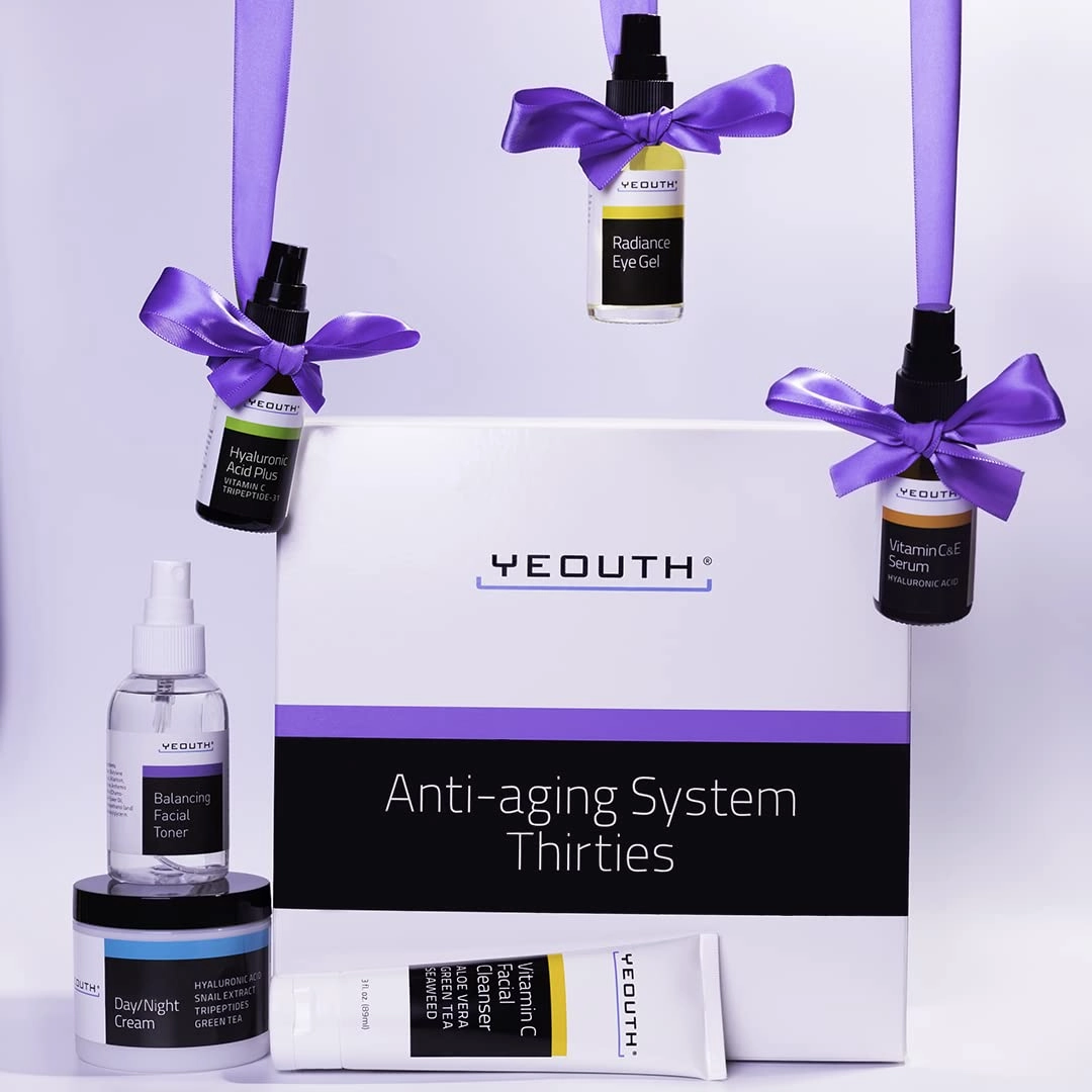 YEOUTH Skin Care Set: Hyaluronic Acid Serum, Vitamin C Serum, Face Cleanser, Toner, Under Eye Gel, Face Cream, 6-Piece Self Care Gifts For Women & Men