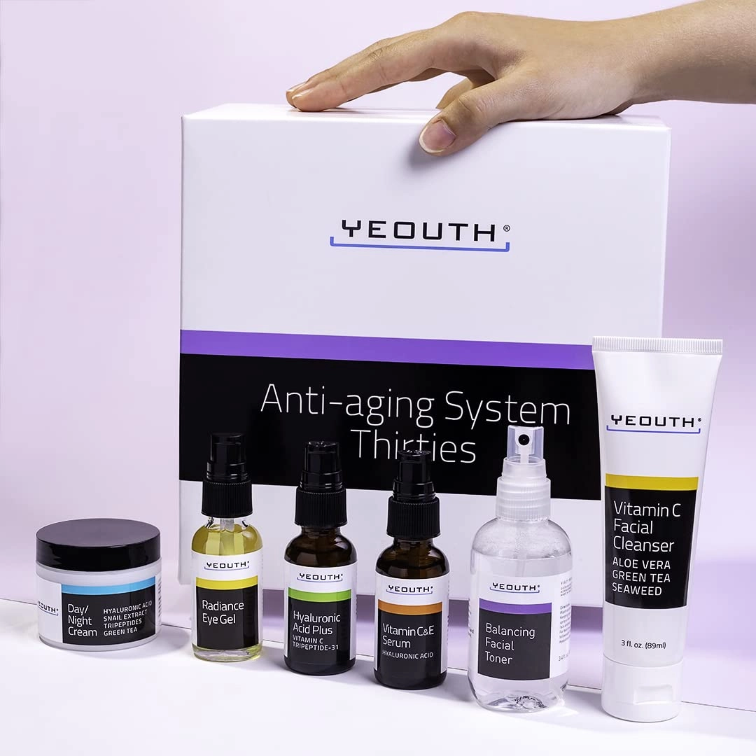 YEOUTH Skin Care Set: Hyaluronic Acid Serum, Vitamin C Serum, Face Cleanser, Toner, Under Eye Gel, Face Cream, 6-Piece Self Care Gifts For Women & Men