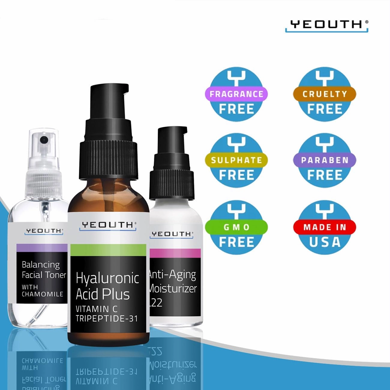 YEOUTH Skin Care Set: Hyaluronic Acid Serum with Vitamin C, Face Toner, Face Moisturizer, Skincare Gift Set for Hydrating and Smooth Looking Skin, Self Care 3-Piece