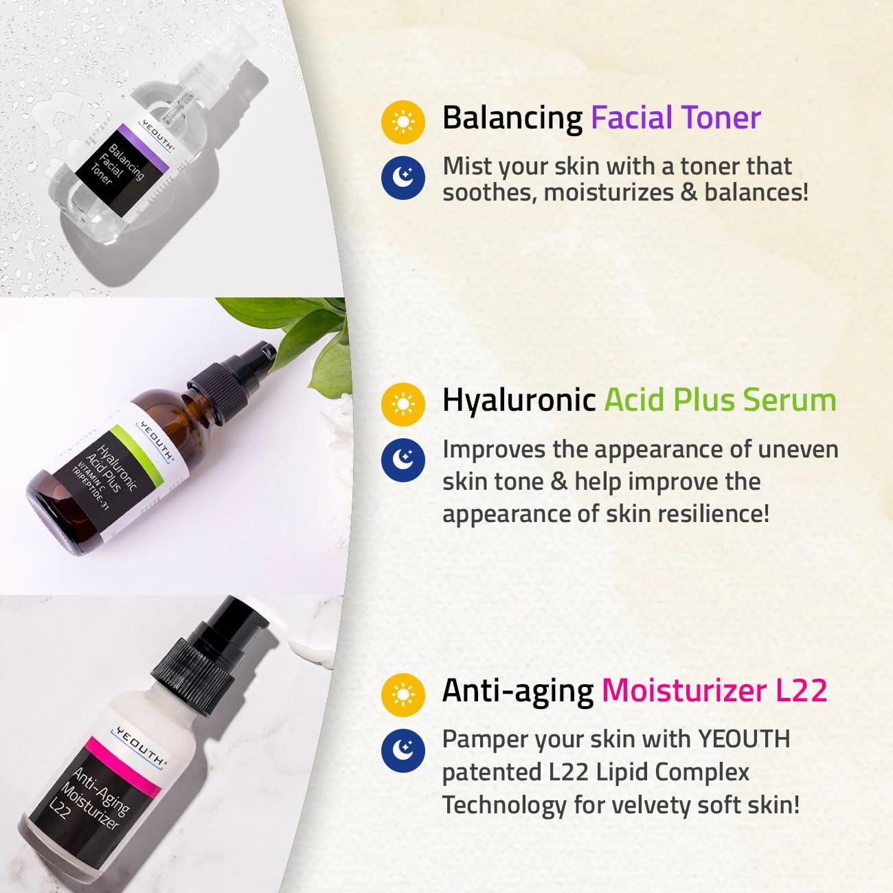 YEOUTH Skin Care Set: Hyaluronic Acid Serum with Vitamin C, Face Toner, Face Moisturizer, Skincare Gift Set for Hydrating and Smooth Looking Skin, Self Care 3-Piece