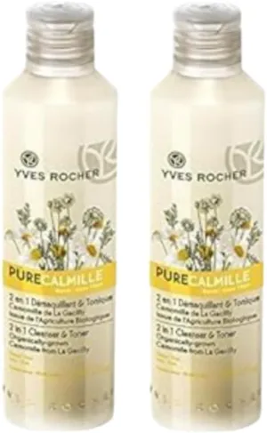 Yves Rocher Pure Calmille 2-in-1 Cleanser & Toner Makeup Remover All Skin Types Milk Day Care 200 ml./6.7 fl.oz. Set of 2 Best Gift Kit