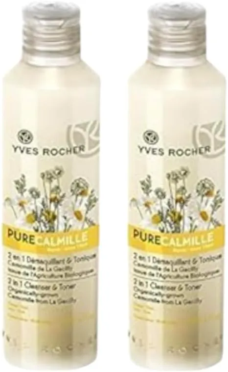 Yves Rocher Pure Calmille 2-in-1 Cleanser & Toner Makeup Remover All Skin Types Milk Day Care 200 ml./6.7 fl.oz. Set of 2 Best Gift Kit