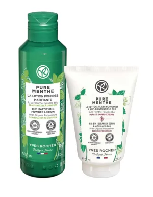 Yves Rocher Pure Menthe Matte Mint Lotion-Powder Oil-Control Toner and Gel Scrub Botanical Mint Women Men Set of 2 – 150ml / 5.07 flOz 125 ml./4.2 fl.oz.